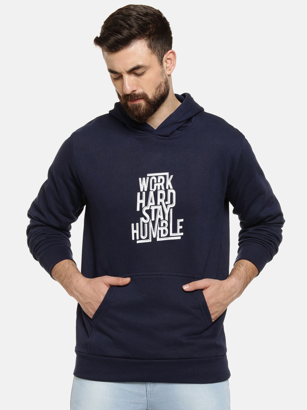 

Campus Sutra Men Navy Blue Printed Hooded Cotton Sweatshirt