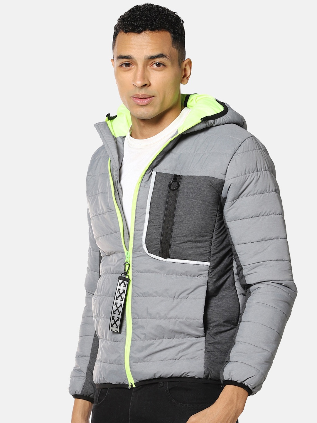 

Campus Sutra Men Grey Colourblocked Windcheater Padded Jacket