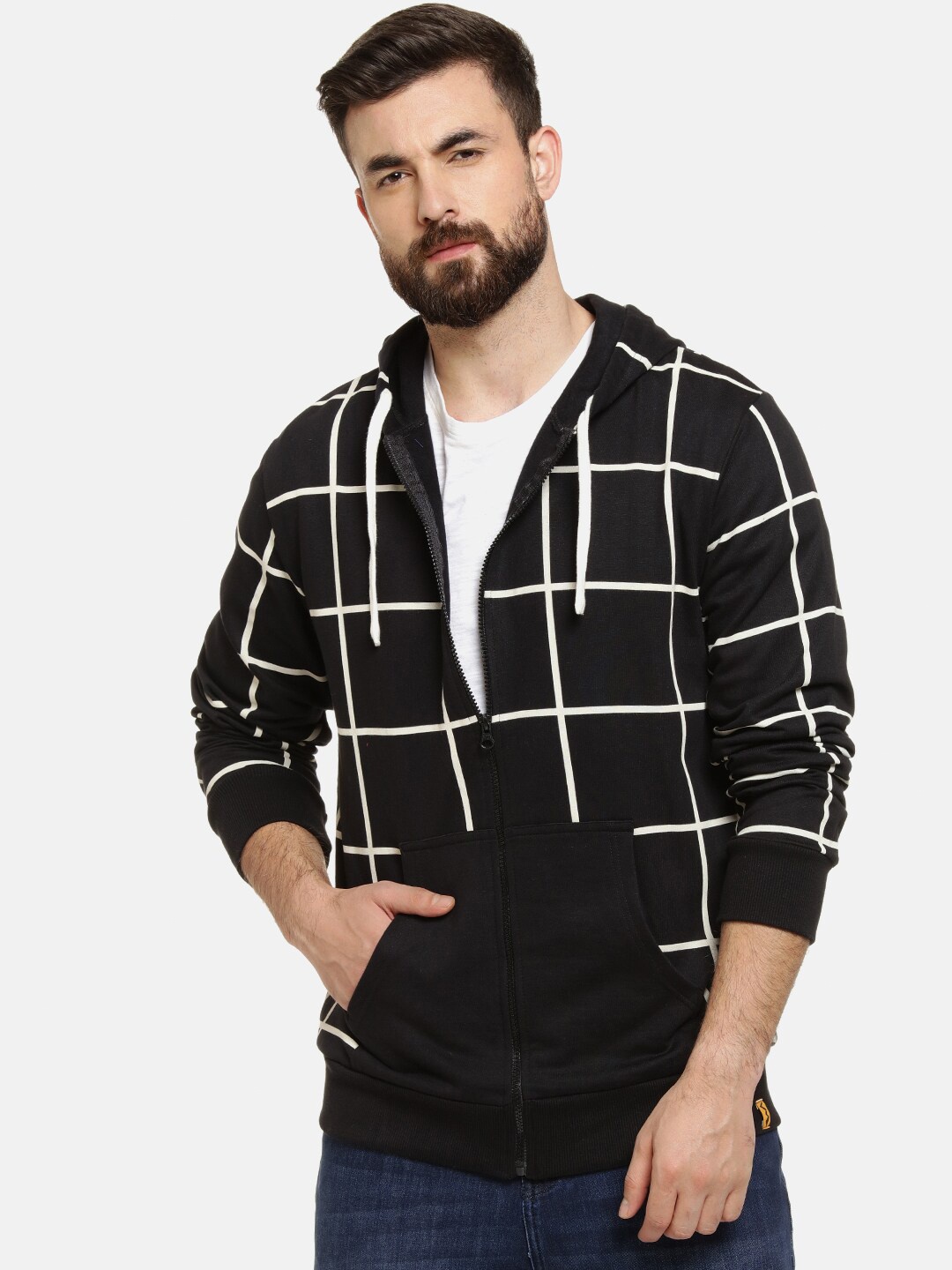 

Campus Sutra Men Black Checked Hooded Cotton Sweatshirt