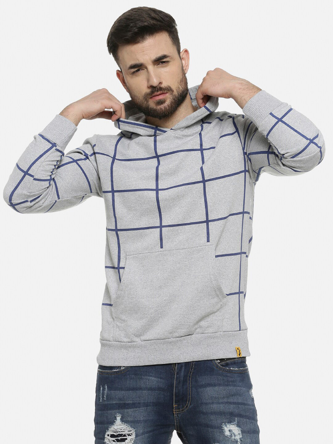 

Campus Sutra Men Grey Checked Hooded Cotton Sweatshirt