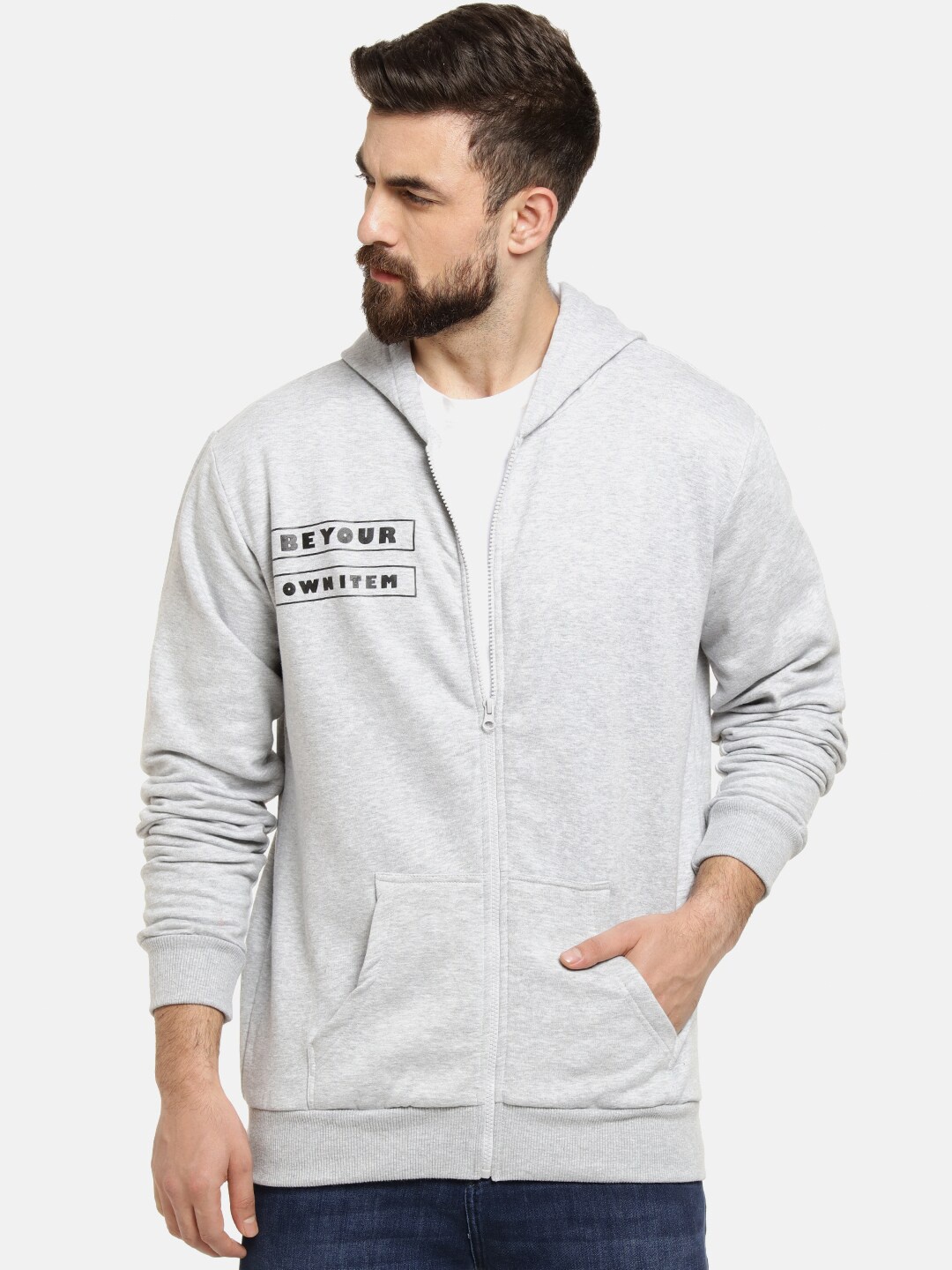 

Campus Sutra Men Grey Printed Hooded Cotton Sweatshirt