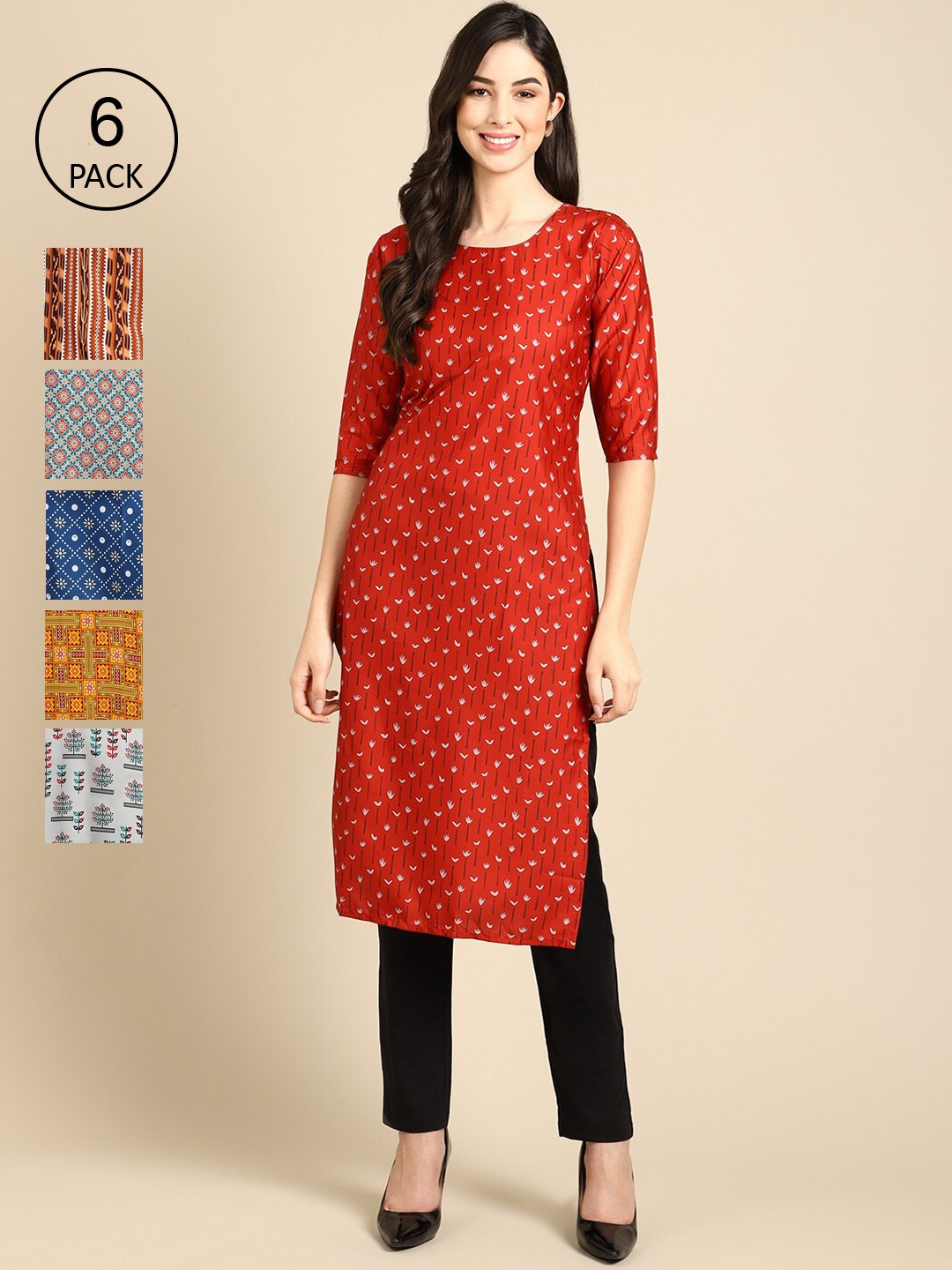 

7Threads Women Pack Of 6 Floral Printed Summer Sheers Crepe Kurta, Multi