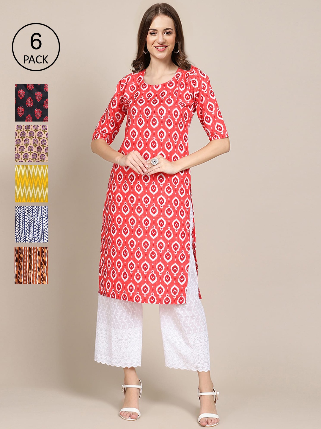 

7Threads Women Pack of 6 Digital Printed Crepe Straight Kurtas, Orange