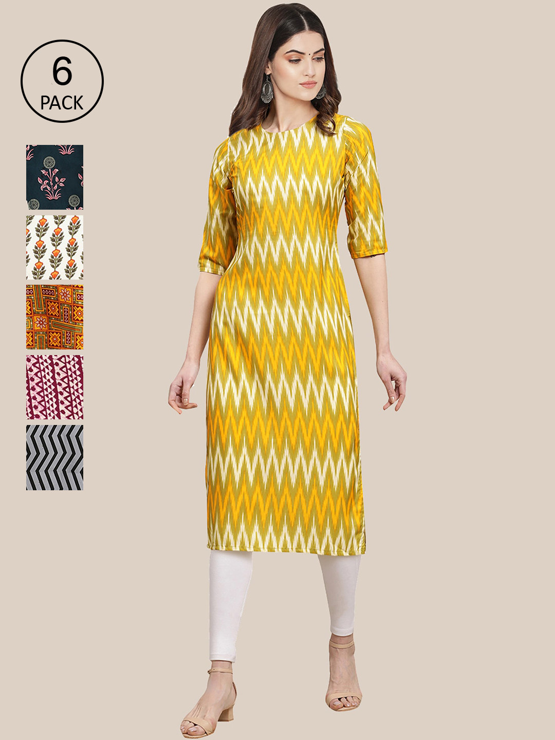 

7Threads Women Yellow & White Pack of 6 Ethnic Motifs Printed Crepe Kurta