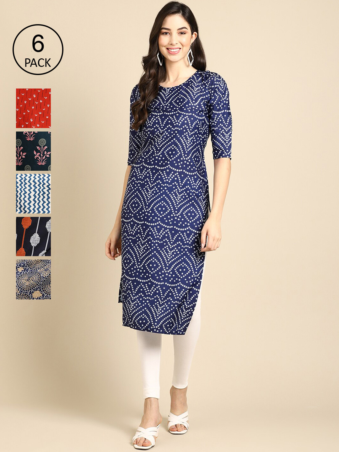 

7Threads Women Pack of 6 Ethnic Motifs Printed Crepe Kurta, Blue