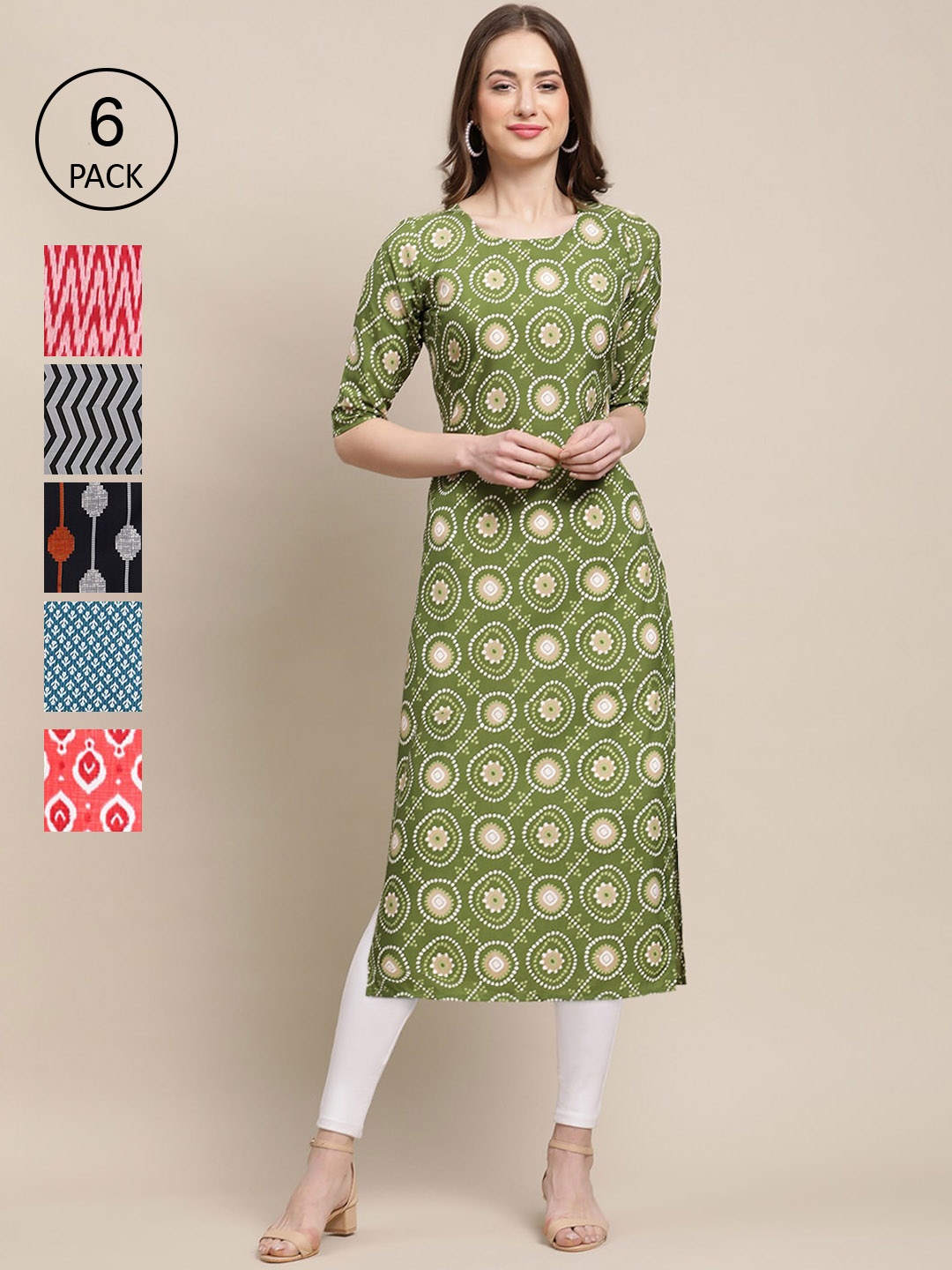 

7Threads Women Pack Of 6 Summer Sheers Crepe Kurta, Green