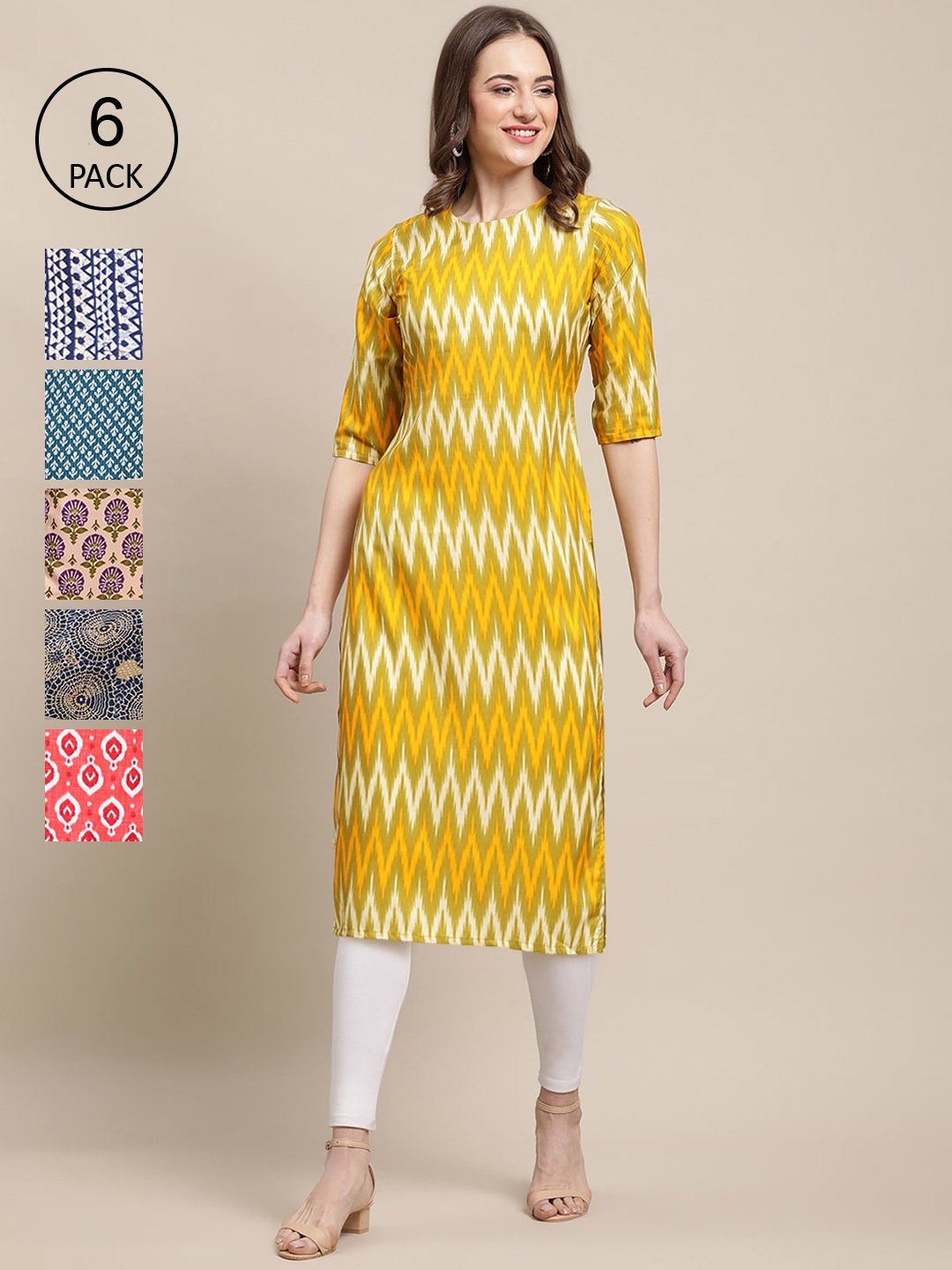 

7Threads Women Pack Of 6 Geometric Printed Crepe Kurta, Yellow