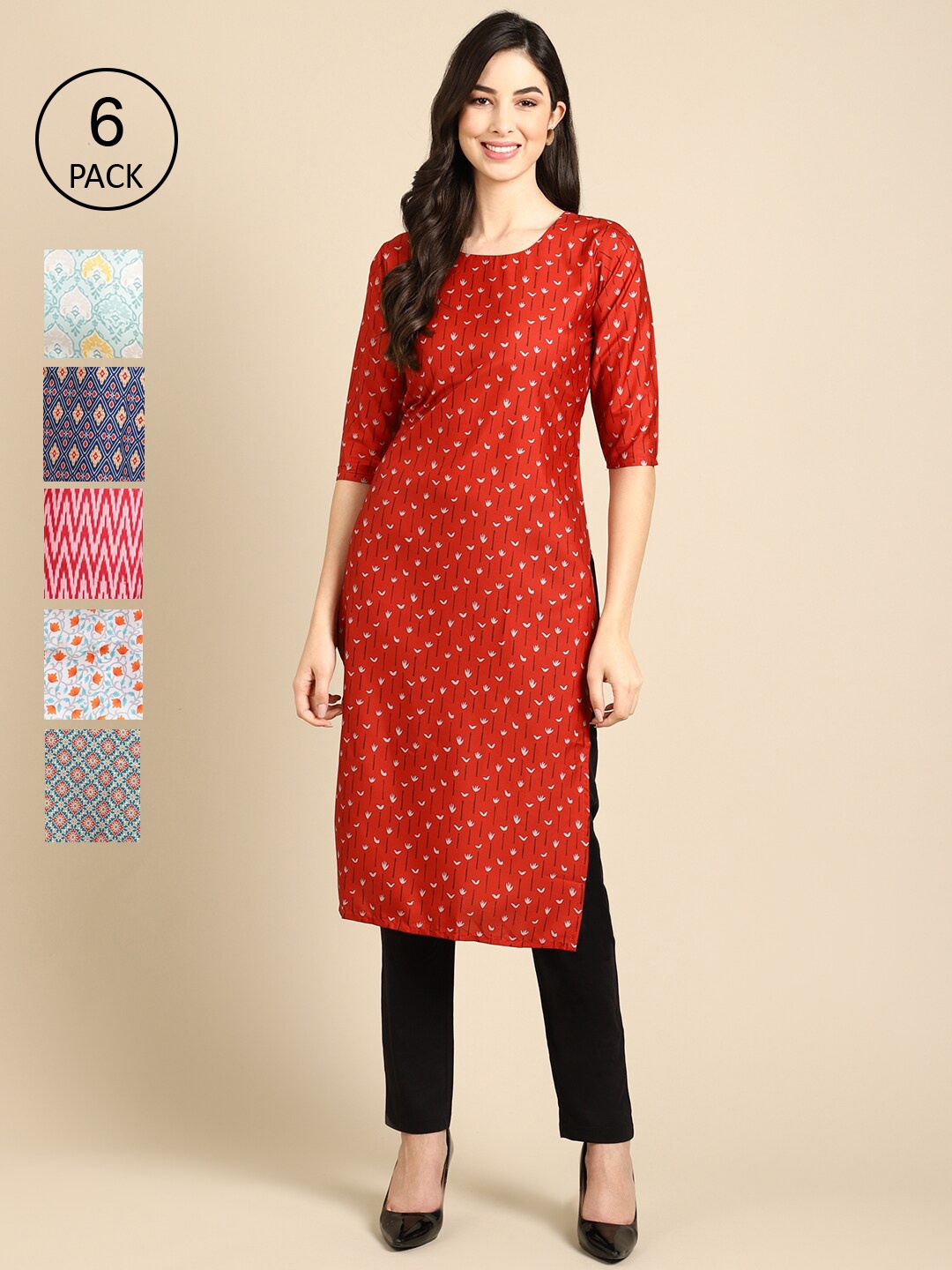 

7Threads Women Red & Blue Pack Of 6 Geometric Printed Summer Sheers Crepe Kurta