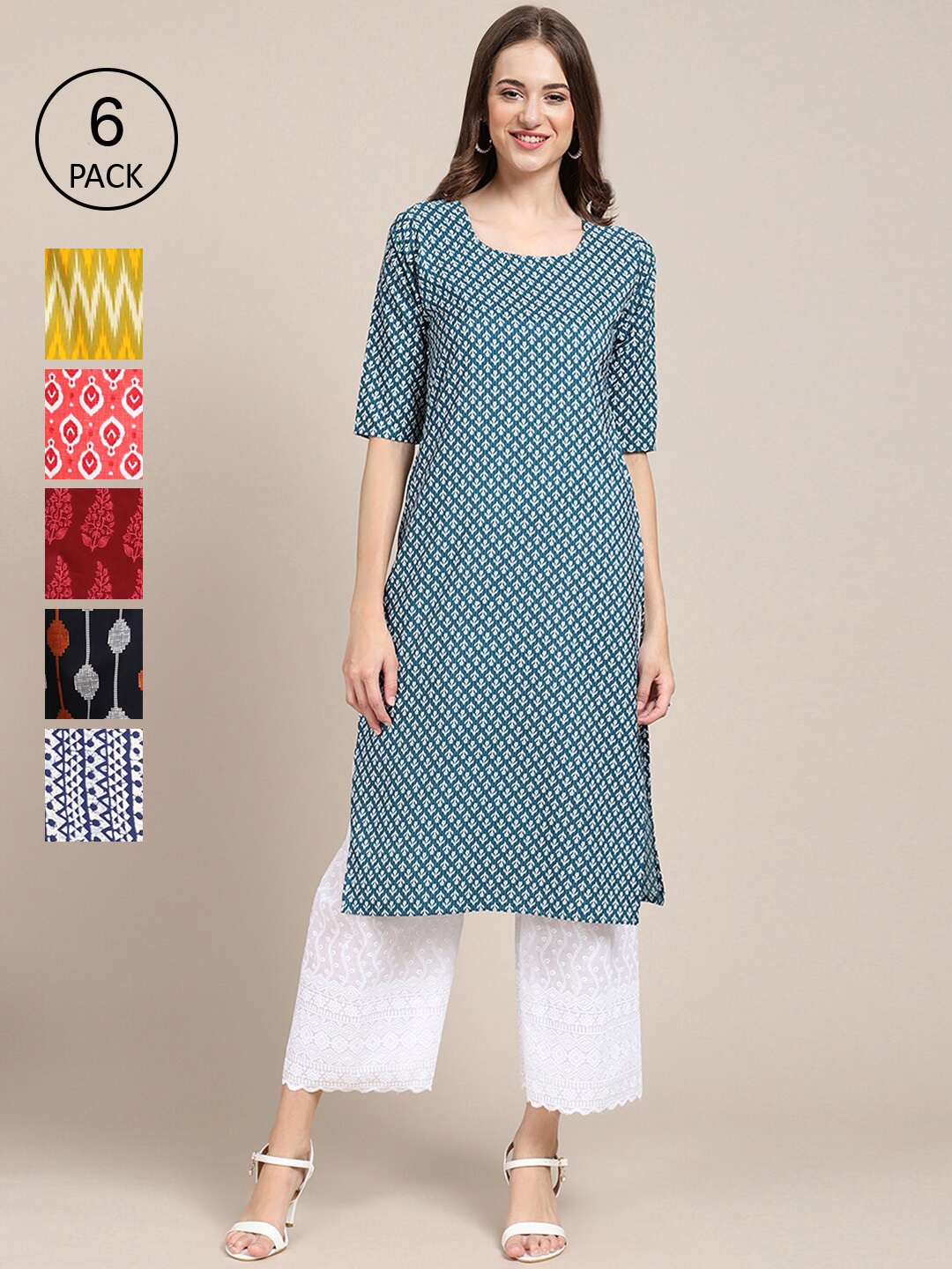 

7Threads Women Pack Of 6 Printed Crepe Kurta, Multi