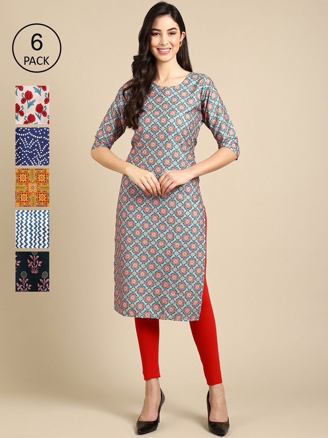 

7Threads Women Pack Of 6 Geometric Printed Crepe Kurta, Yellow
