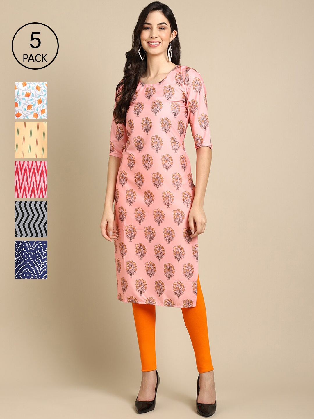 

7Threads Women Pink & Navy Blue Pack of 6 Geometric Striped Crepe Kurtas