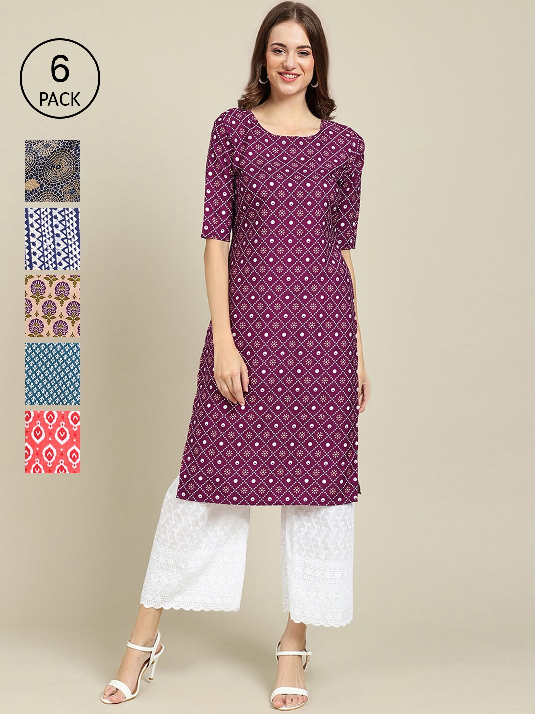 

7Threads Women Pack Of 6 Summer Sheers Crepe Kurta, Purple