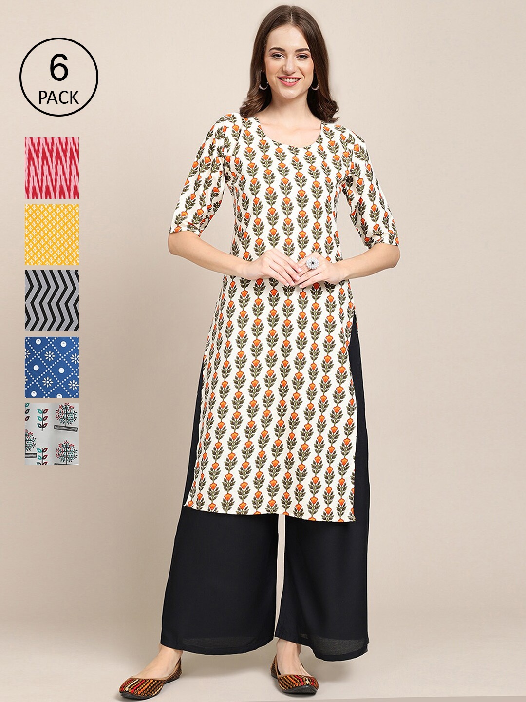 

7Threads Women Pack Of 6 Multicoloured Geometric Printed Crepe Kurta, Multi