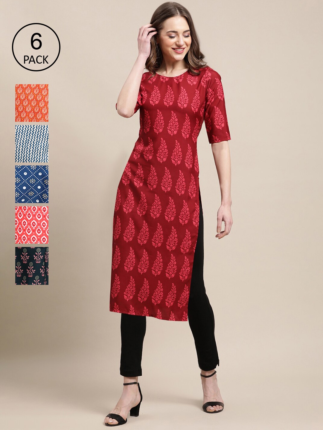 

7Threads Women Pack Of 6 Ethnic Motifs Printed Crepe Kurta, Multi