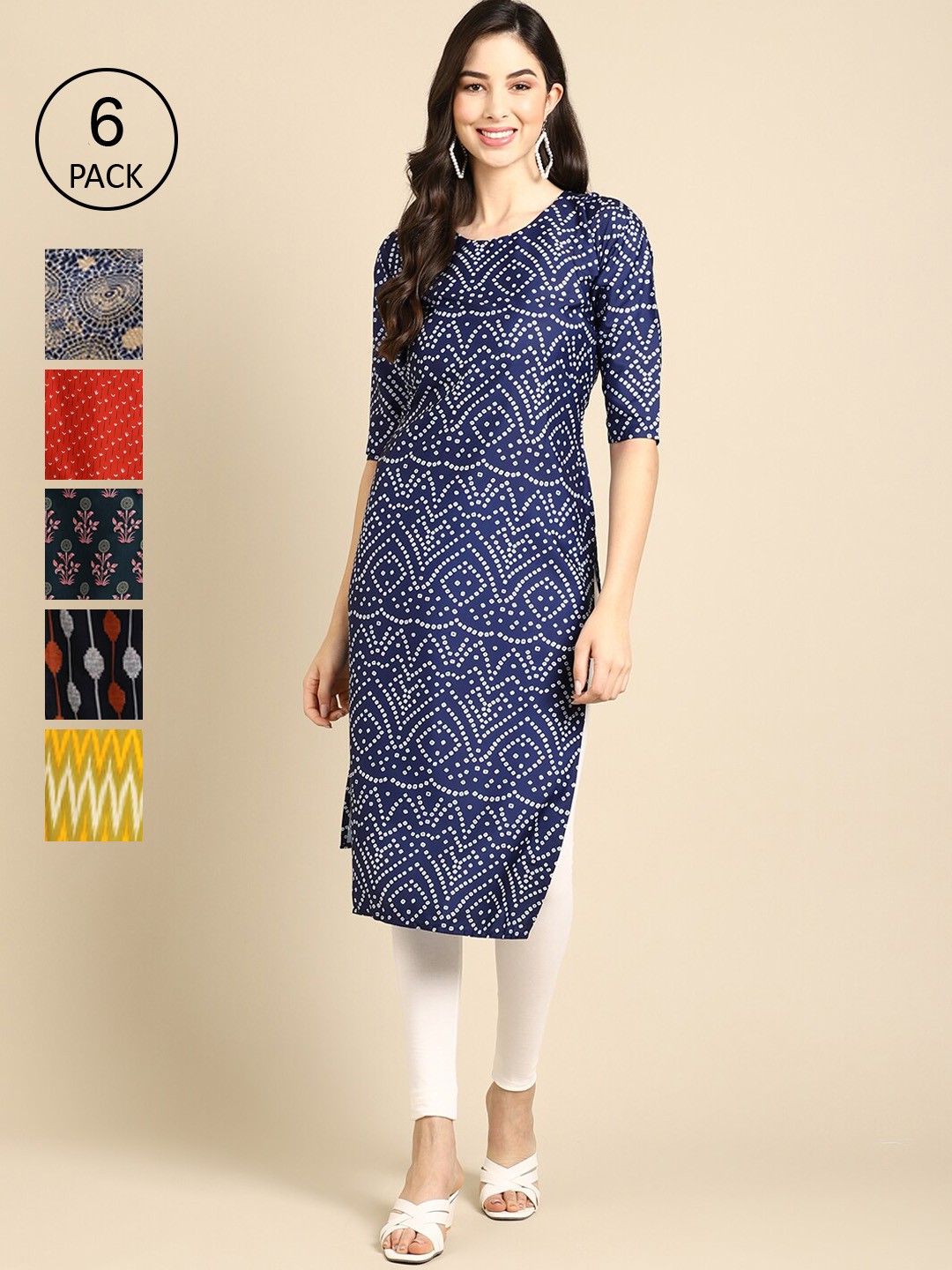 

7Threads Women Pack of 6 Printed Summer Sheers Crepe Kurta, Blue