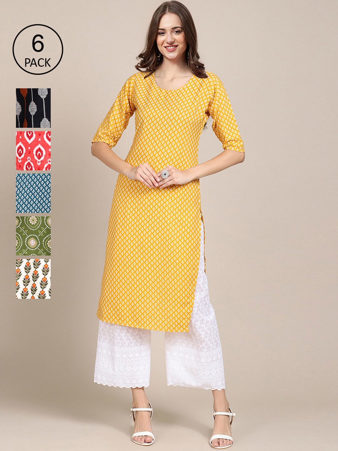 

7Threads Women Multicoloured Pack of 6 Ethnic Motifs Printed Crepe Kurta, Multi
