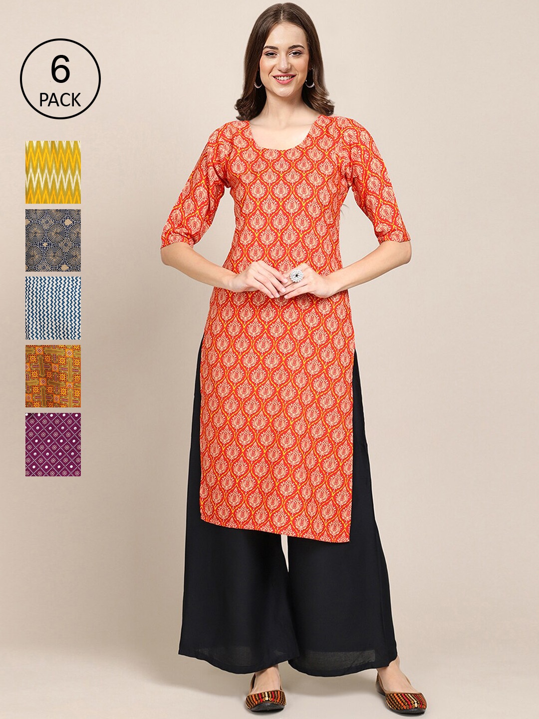 

7Threads Women Pack of 6 Ethnic Motifs Printed Crepe Kurta, Orange