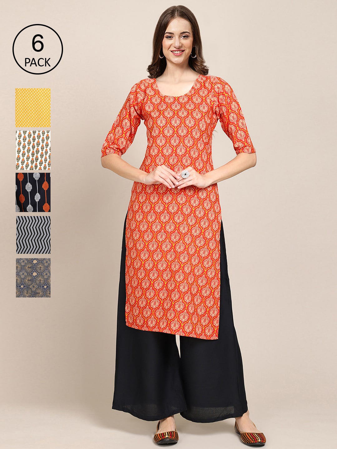 

7Threads Pack of 6 Women Orange & Yellow Ethnic Motifs Printed Crepe Kurta