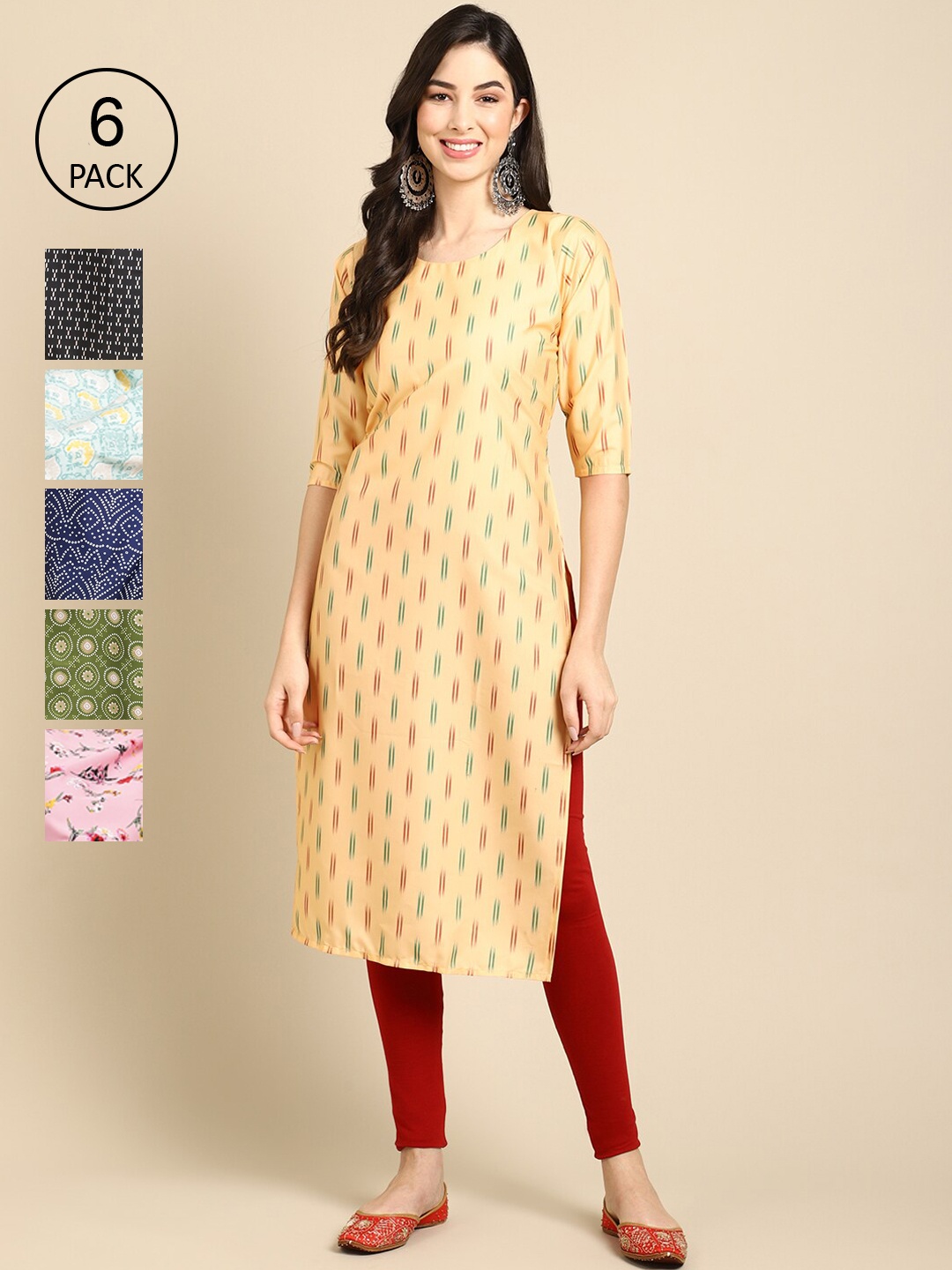 

7Threads Women Multicoloured Pack Of 6 Digital Printed Straight Kurta, Multi