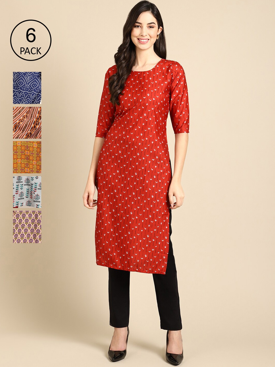 

7Threads Women Pack of 6 Geometric Printed Block Print Crepe Kurta, Red