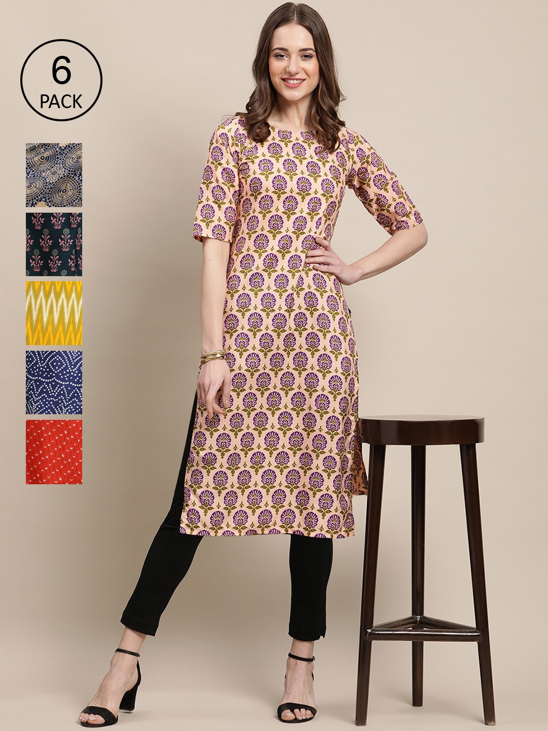 

7Threads Women Multicoloured 6 Geometric Printed Crepe Kurta, Multi