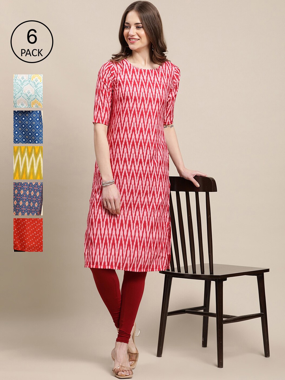 

7Threads Pack of 6 Women Red & Yellow Geometric Printed Summer Sheers Crepe Kurta