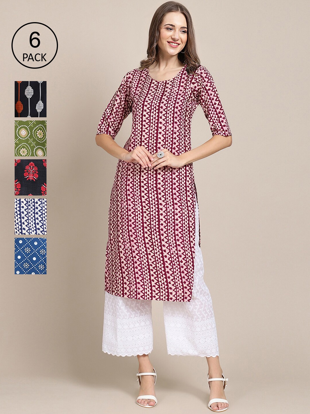 

7Threads Women Pack Of 6 Printed Crepe Kurta, Multi