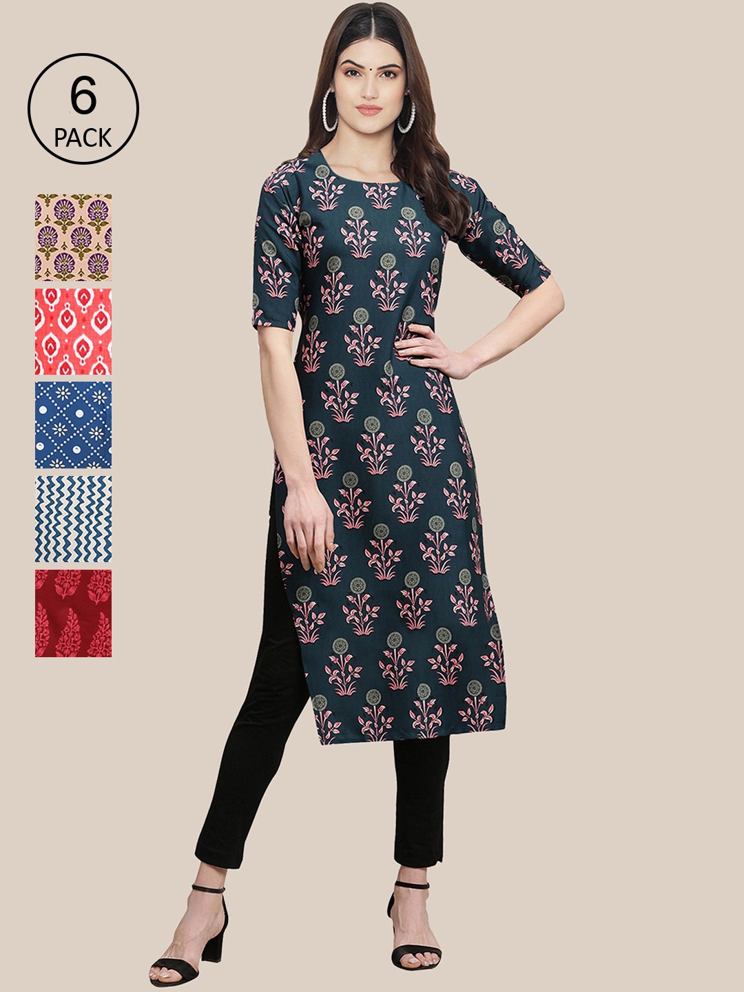

7Threads Women Pack of 6 Digital Printed Crepe Straight Kurtas, Green