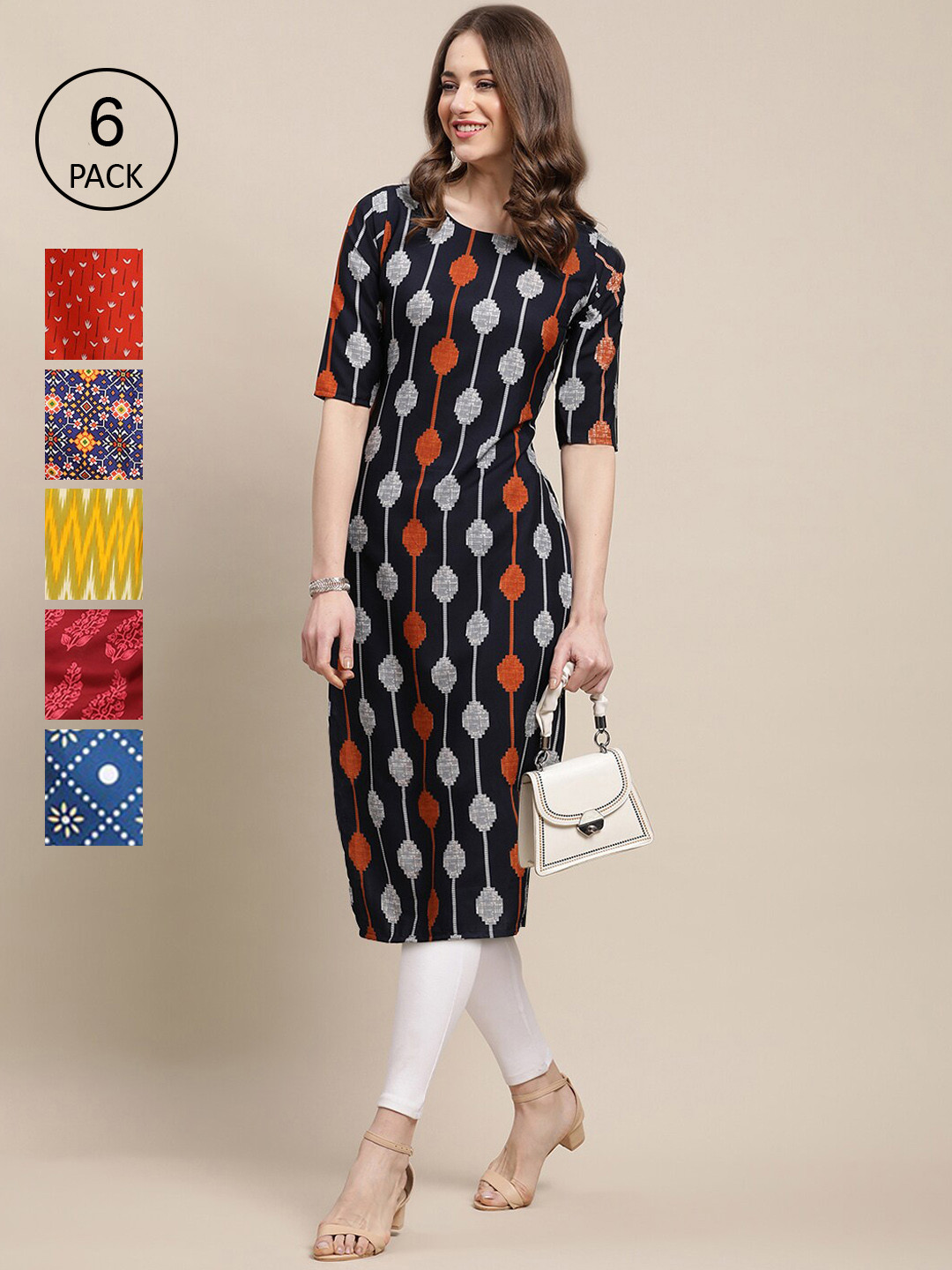 

7Threads Women Multicoloured Pack Of 6 Geometric Printed Crepe Kurta, Multi