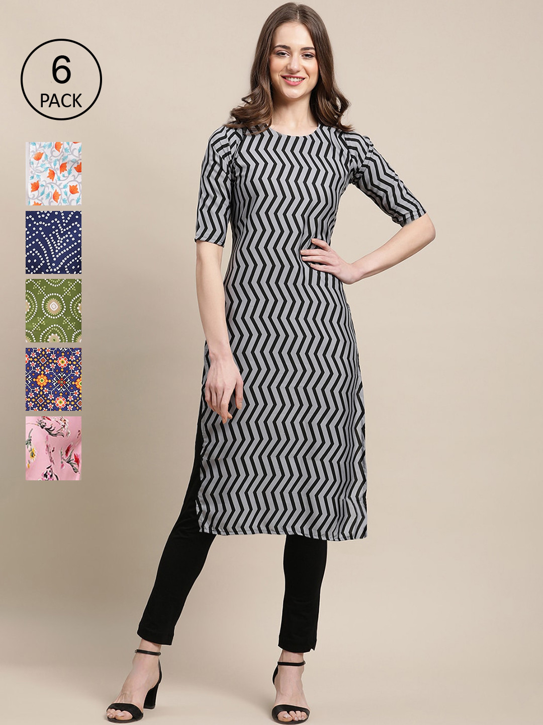 

7Threads Women Pack of 6 Ethnic Motifs Printed Crepe Kurta, Multi