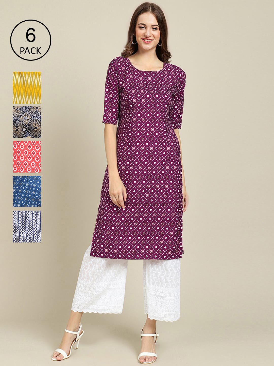 

7Threads Women Purple & Yellow Pack of 6 Geometric Printed Crepe Kurtas