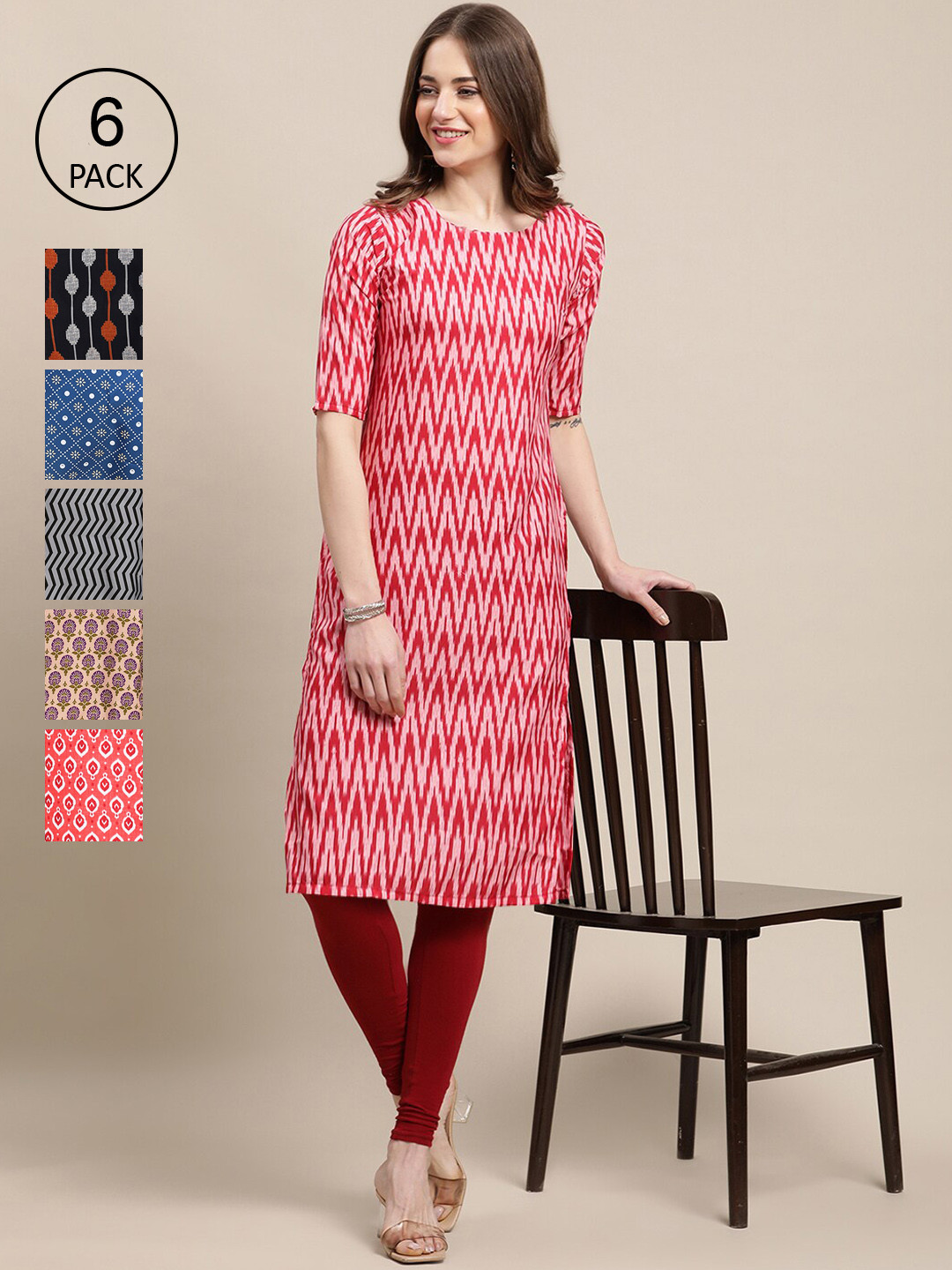 

7Threads Women Pack of 6 Geometric Printed Summer Sheers Crepe Kurta, Blue