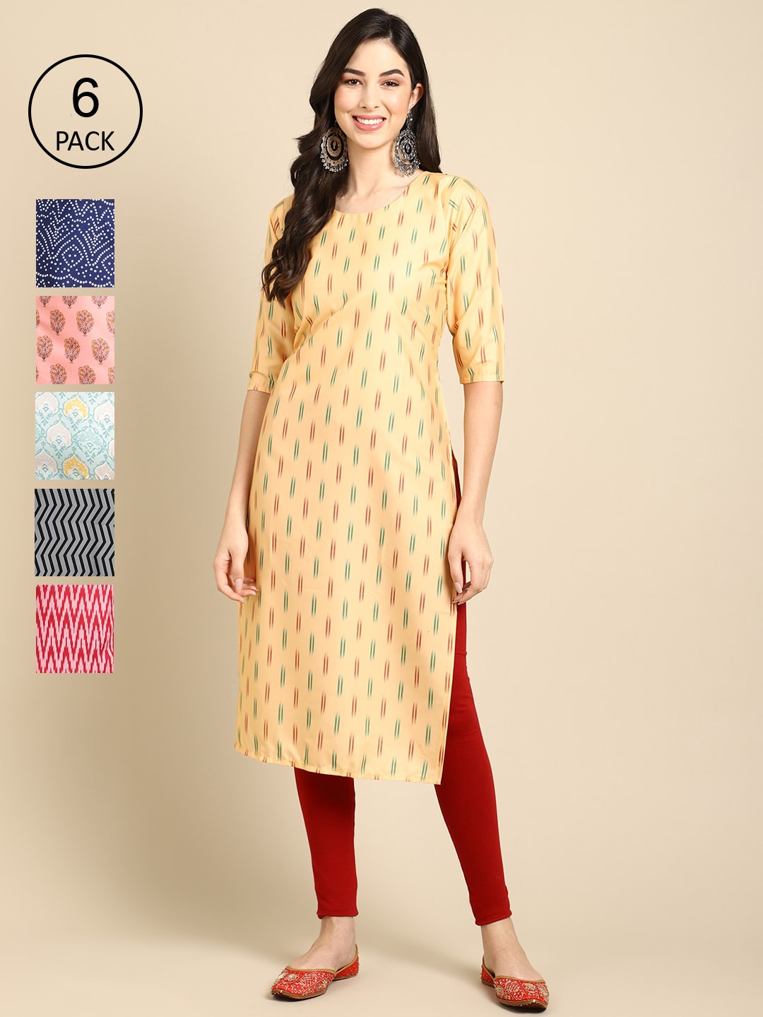 

7Threads Women Pack of 6 Digital Printed Crepe Straight Kurtas, Yellow