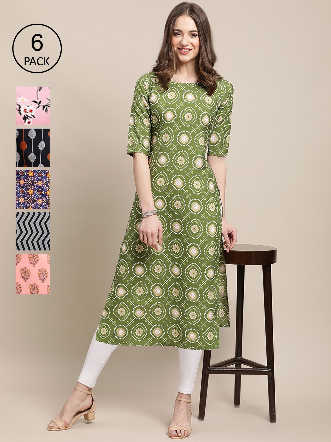 

7Threads Women Pack of 6 Digital Printed Crepe Straight Kurtas, Green
