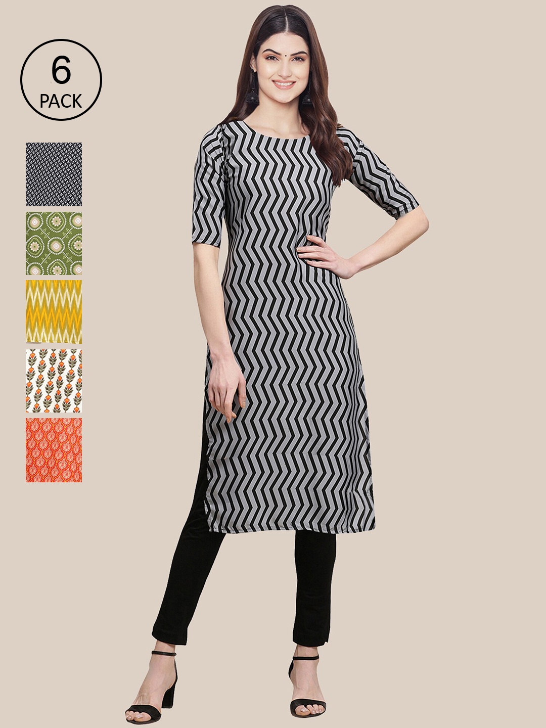 

7Threads Women Pack of 6Ethnic Motifs Printed Crepe Kurta, Black