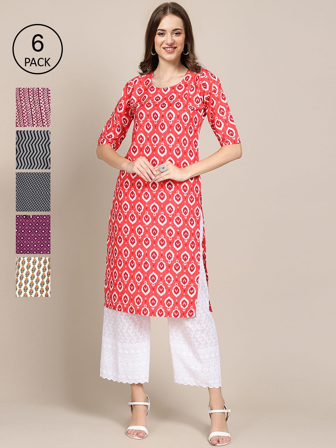 

7Threads Women Pack of 6 Geometric Printed Crepe Kurta, Red