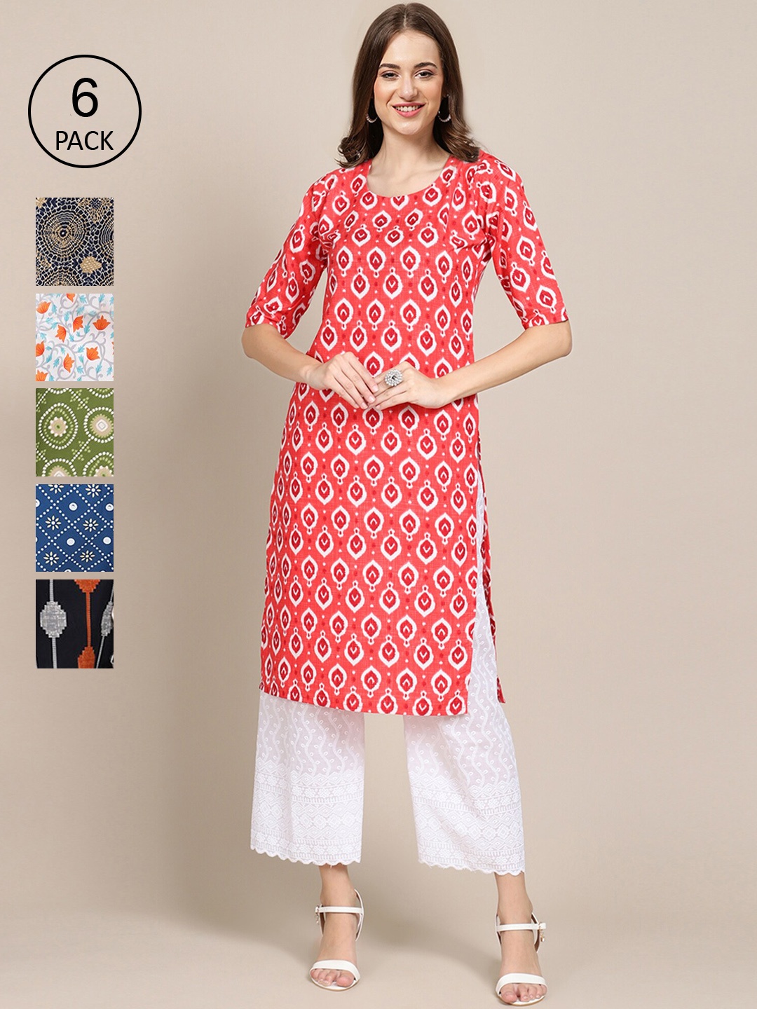 

7Threads Women Multicoloured Pack of 6 Floral Printed Crepe Kurta, Multi