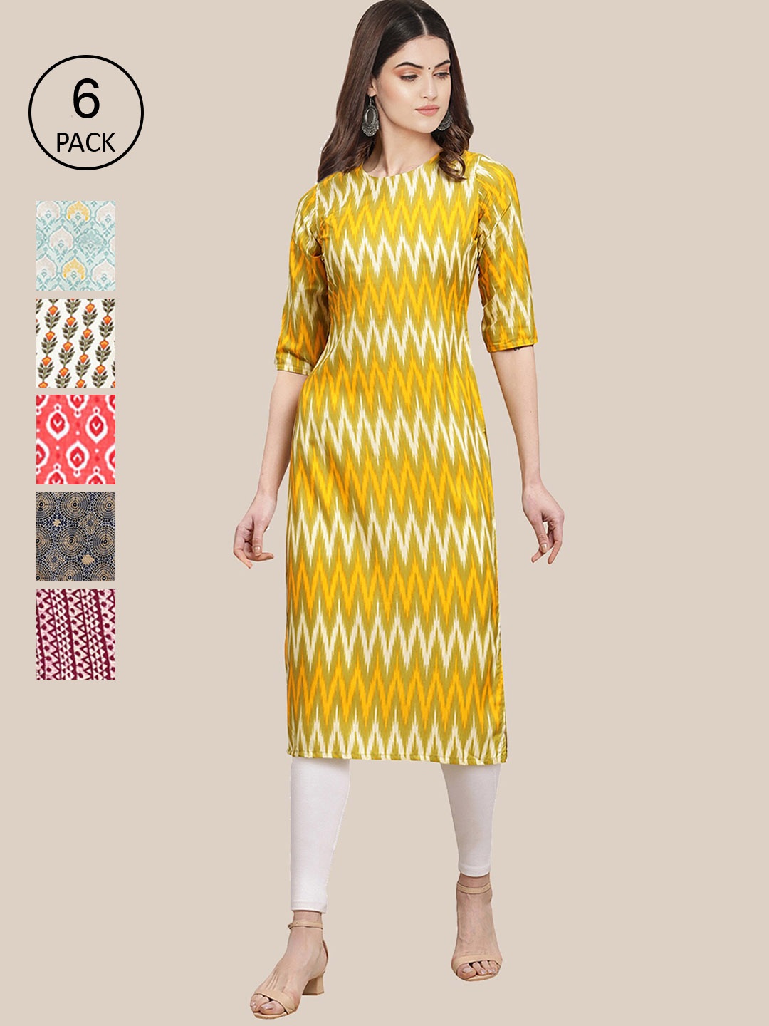 

7Threads Women Pack OF 6 Printed Summer Sheers Crepe Kurta, Mustard