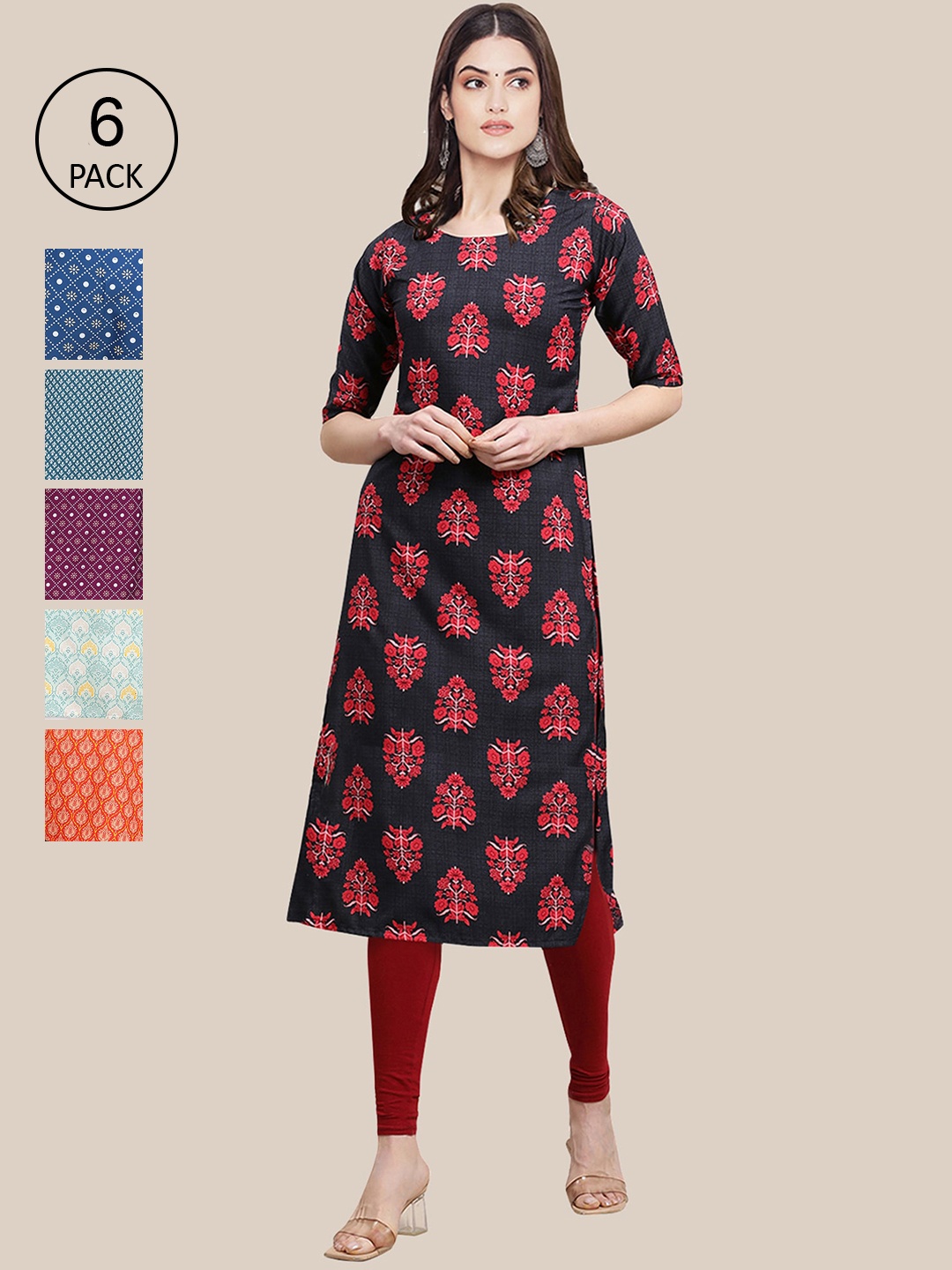 

7Threads Women Pack of 6 Black & Blue Geometric Printed Crepe Kurta