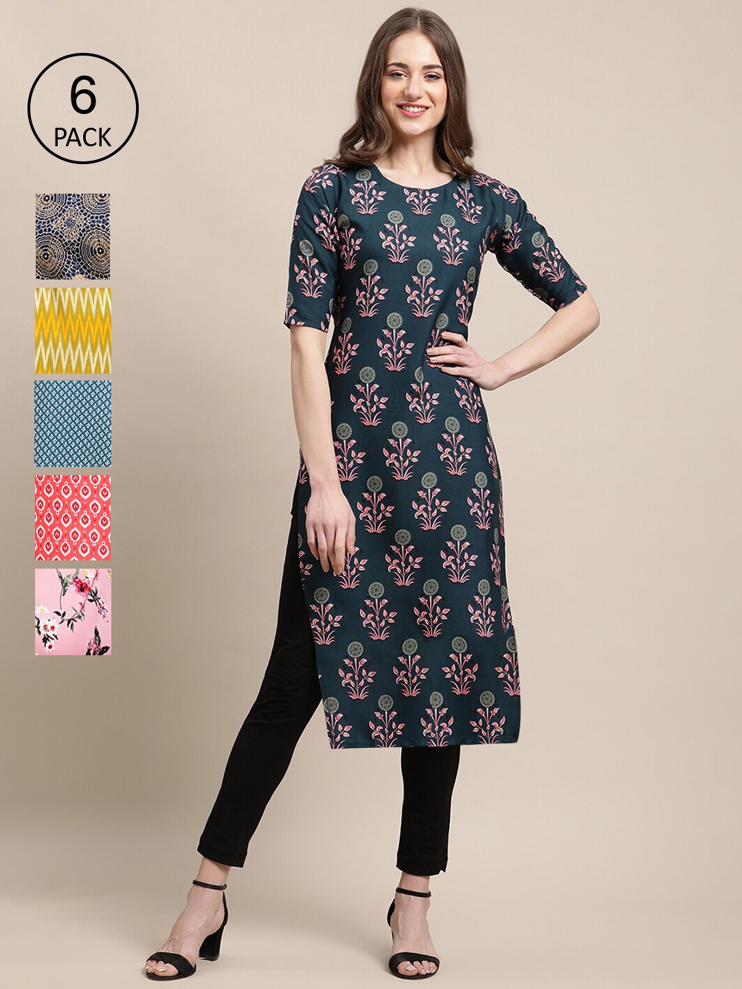 

7Threads Women Pack Of 6 Printed Crepe Kurta, Multi