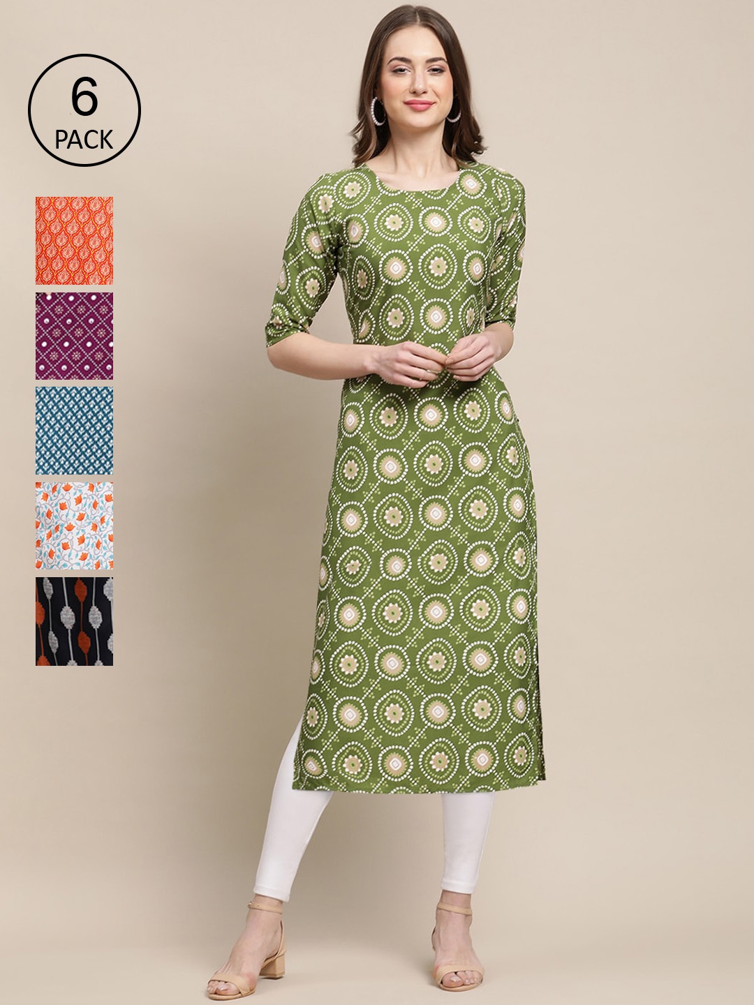 

1 Stop Fashion Women Pack of 6 Green & Maroon Ethnic Motifs Printed Summer Sheers Crepe Kurta