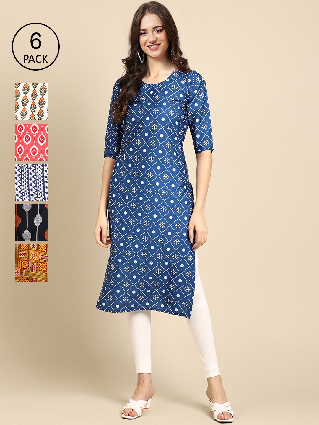 

7Threads Women Blue & Red Pack of 6 Ethnic Motifs Printed Crepe Kurtas