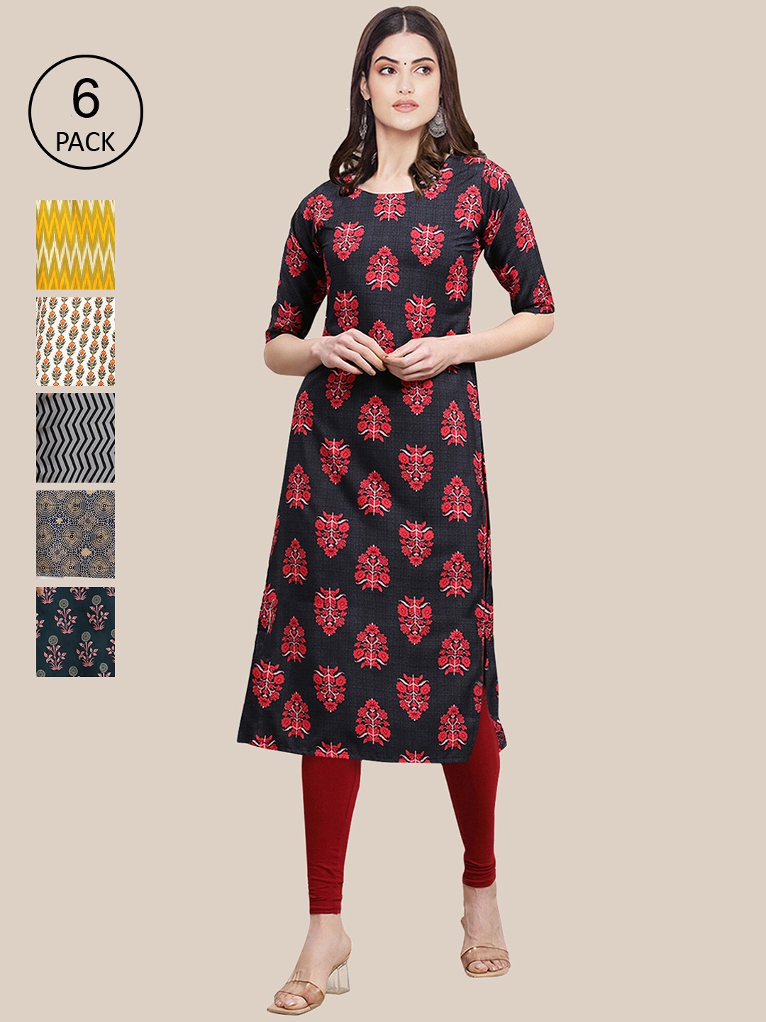 

7Threads Women Pack of 6 Floral Printed Crepe Kurta, Black