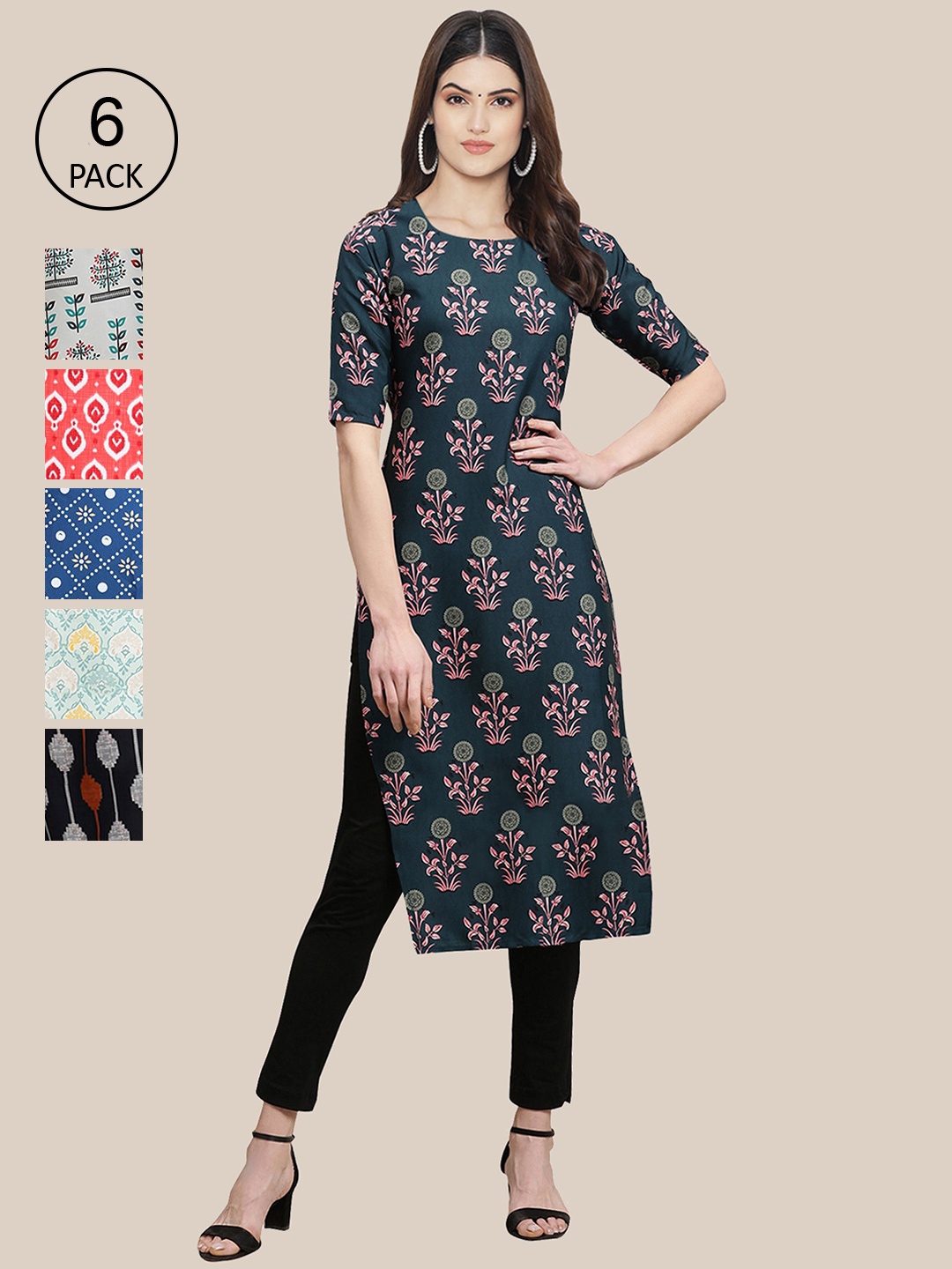 

7Threads Women Set Of 6 Blue & Pink Floral Printed Crepe Kurta
