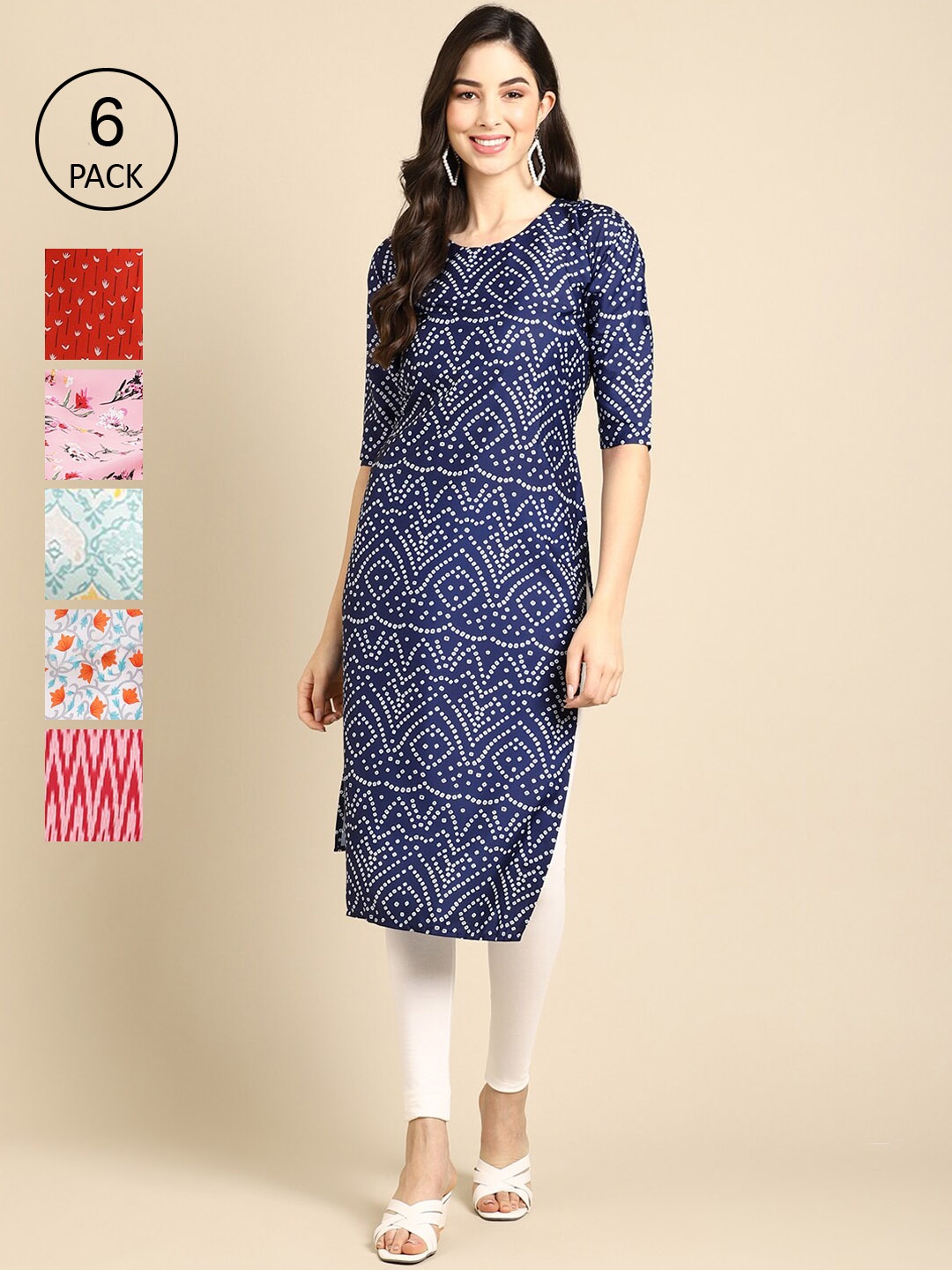 

7Threads Women Pack of 6 Floral Printed Summer Sheers Crepe Kurta, Blue