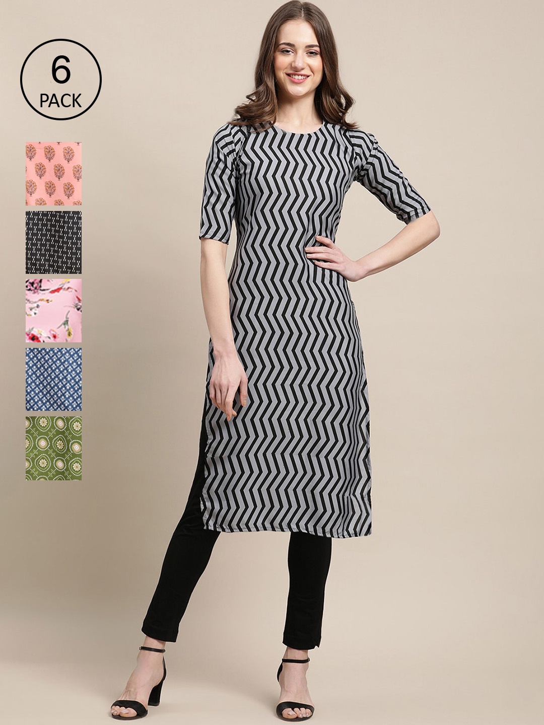 

7Threads Women Pack Of 6 Floral Striped Crepe Kurta, Black