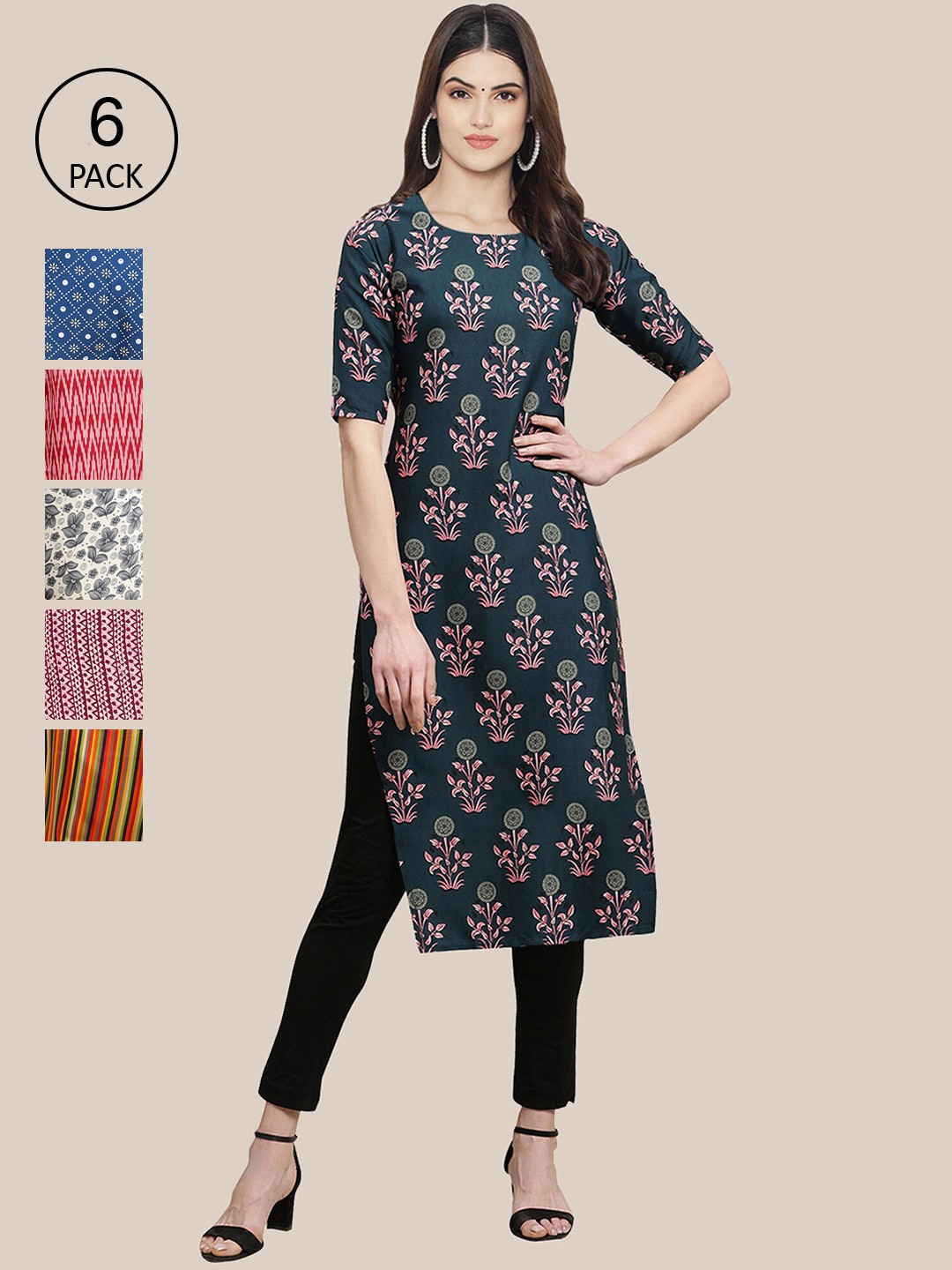 

7Threads Women Multicoloured Pack of 6 Printed Crepe Kurta, Multi