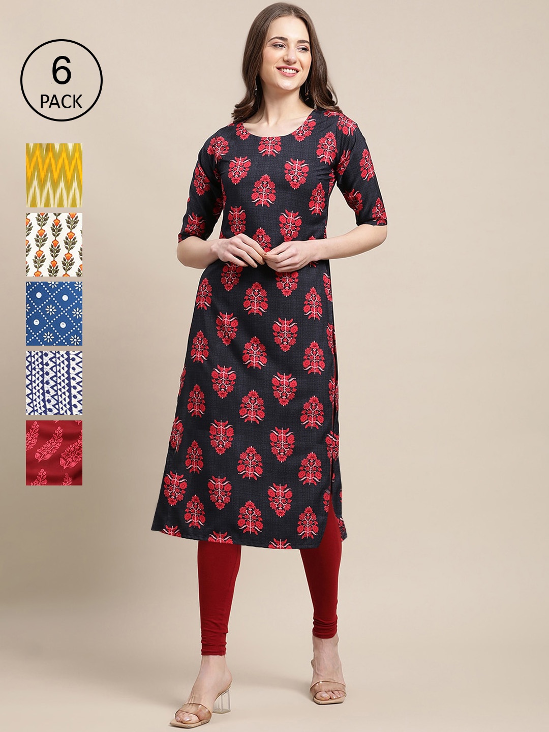 

7Threads Women Pack Of 6 Ethnic Motifs Printed Crepe Kurta, Black