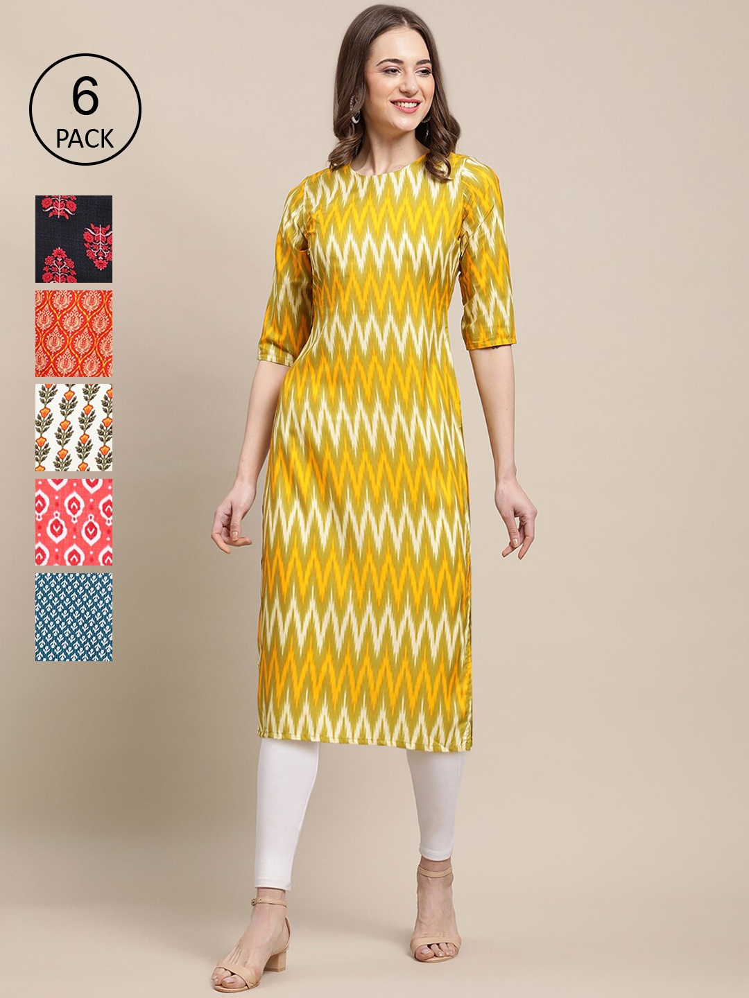 

7Threads Women Pack Of 6 Multicoloured Ethnic Motifs Printed Crepe Kurta, Multi