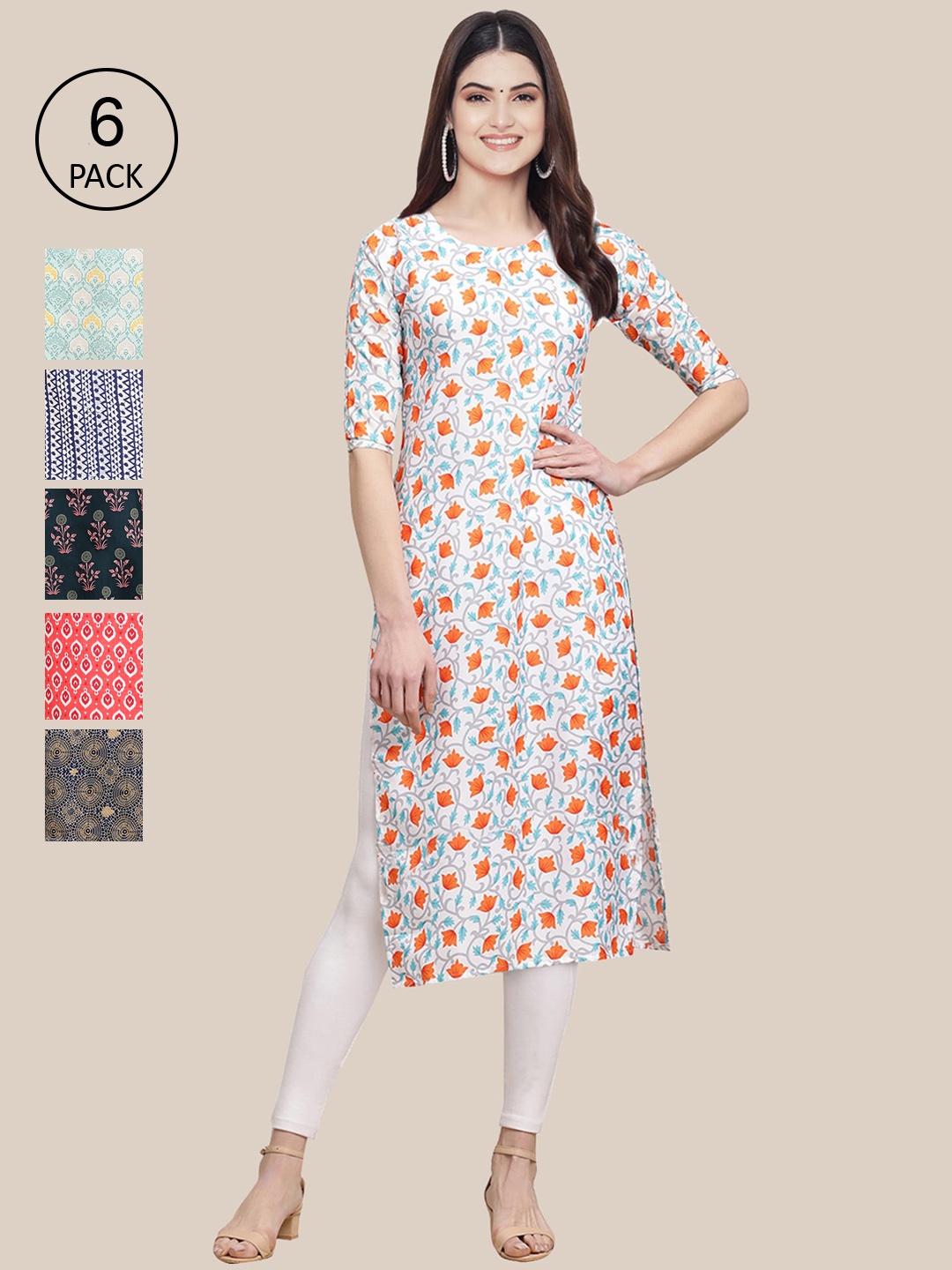 

7Threads Women Pack of 6Floral Printed Crepe Kurta, Sea green